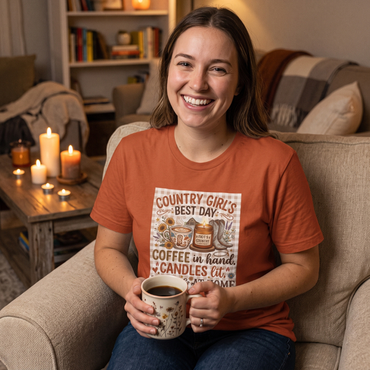 Country Girl’s Best Day Coffee, Candles & Happy at Home T-Shirt