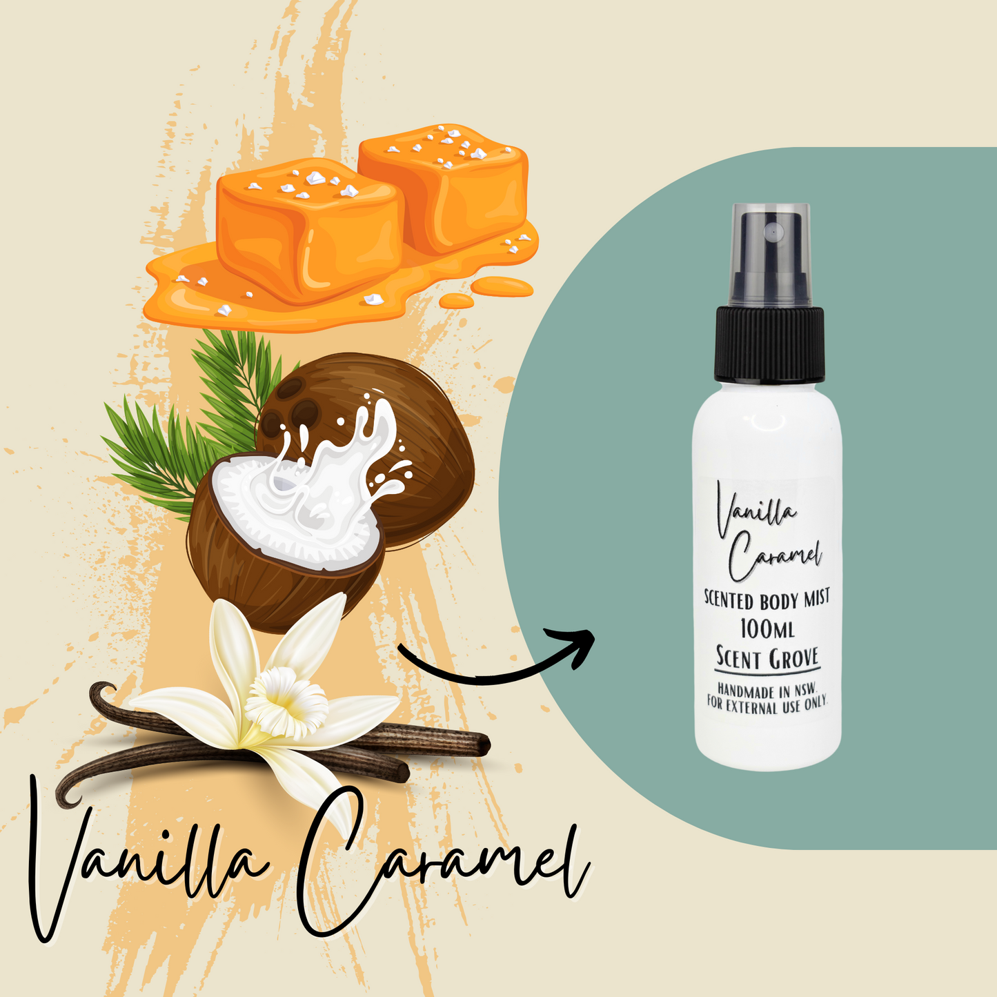 Vanilla Caramel scented body mist spray 100ml