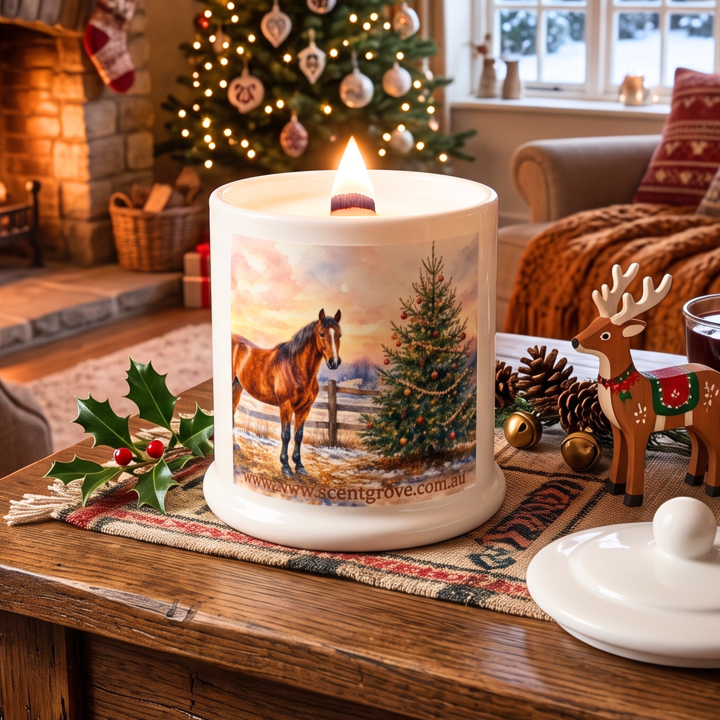 Christmas theme Wood Wick Soy Candle XL matte white jar