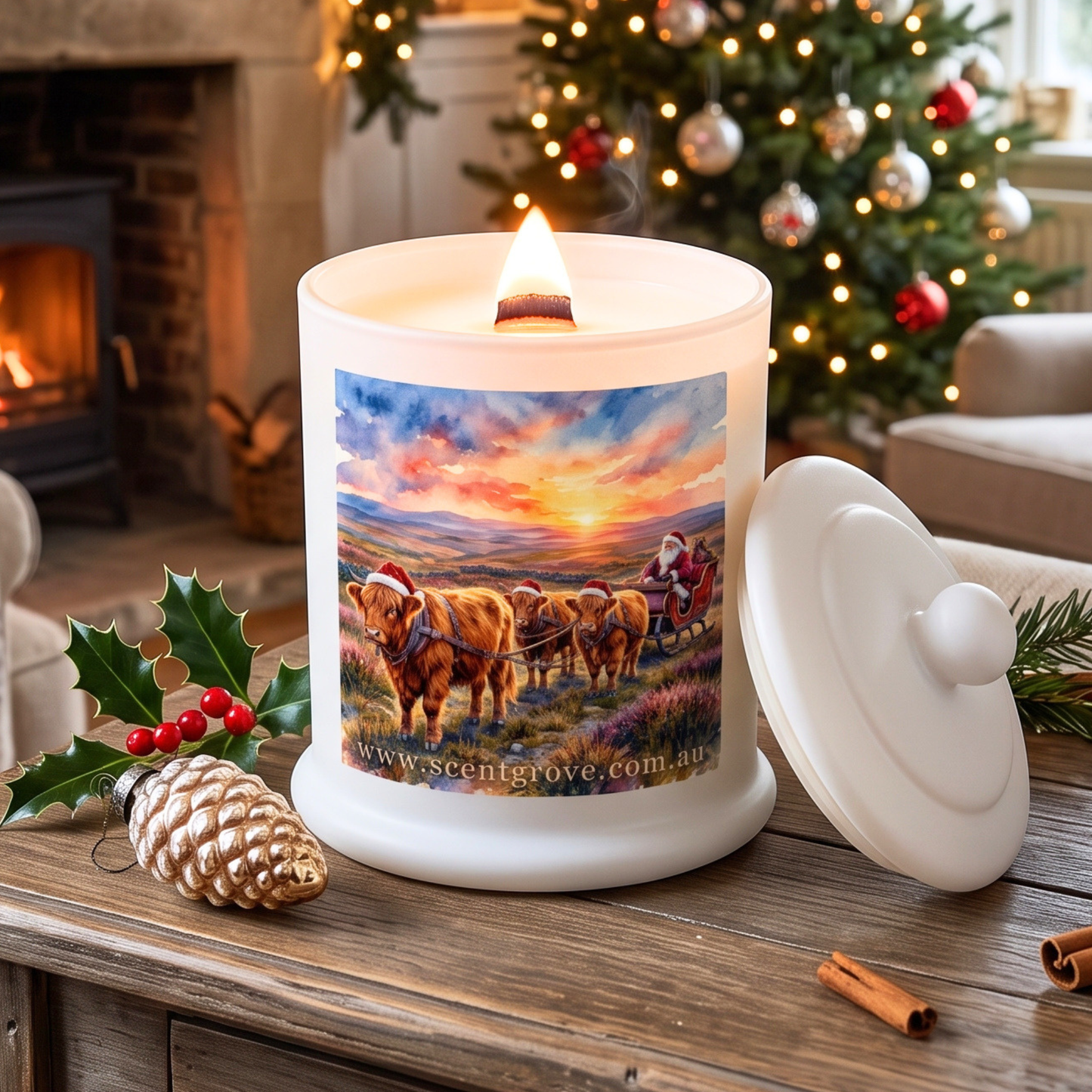 Christmas theme Wood Wick Soy Candle XL matte white jar