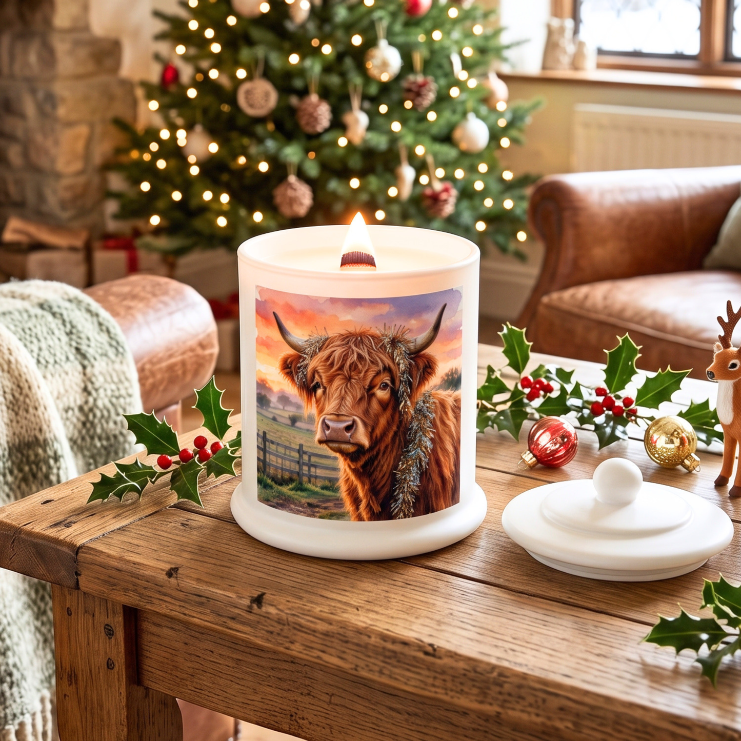 Christmas theme Wood Wick Soy Candle XL matte white jar
