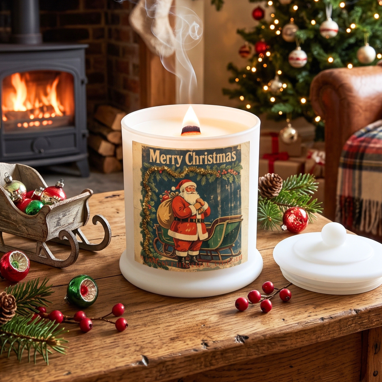 Christmas theme Wood Wick Soy Candle XL matte white jar