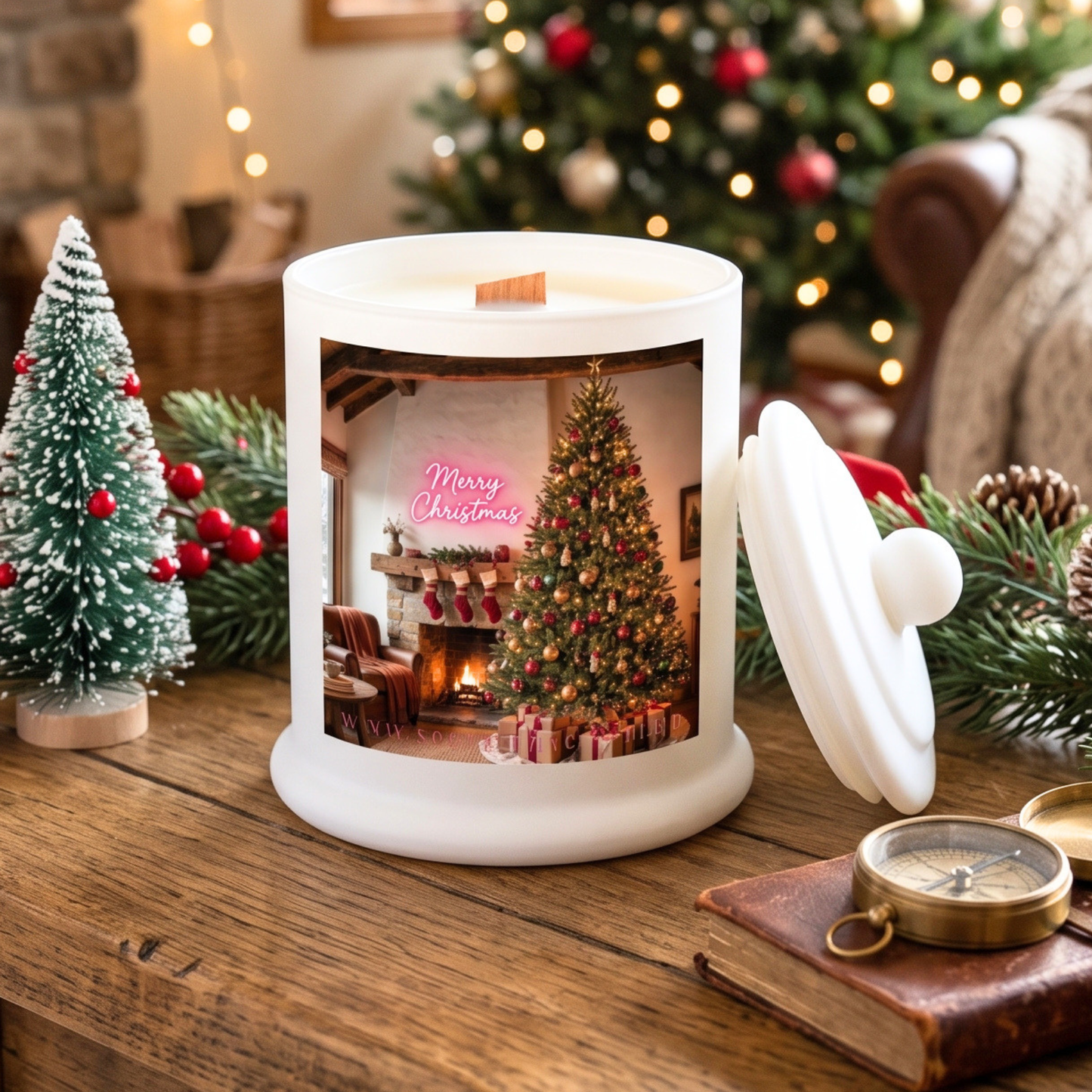 Christmas theme Wood Wick Soy Candle XL matte white jar
