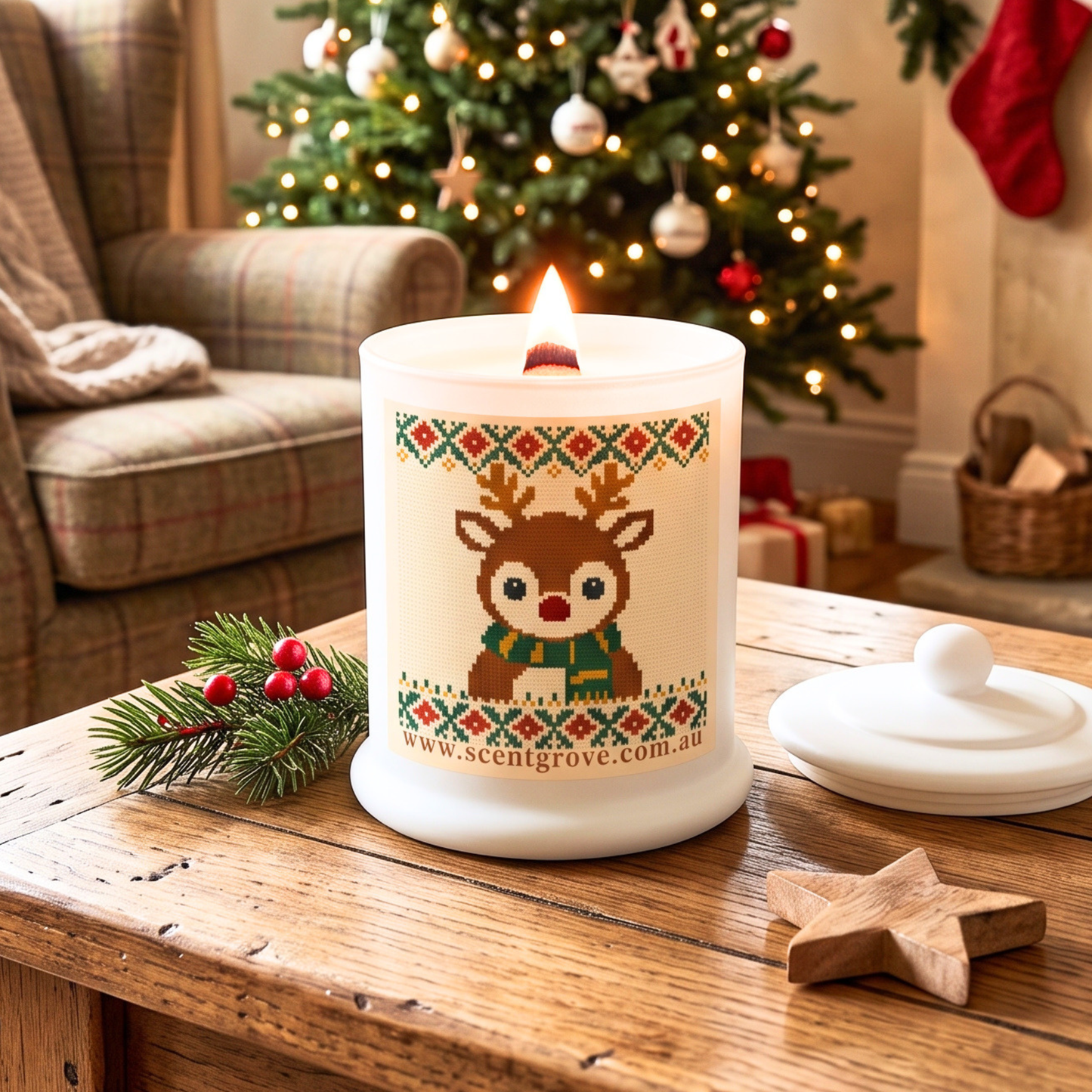 Christmas theme Wood Wick Soy Candle XL matte white jar