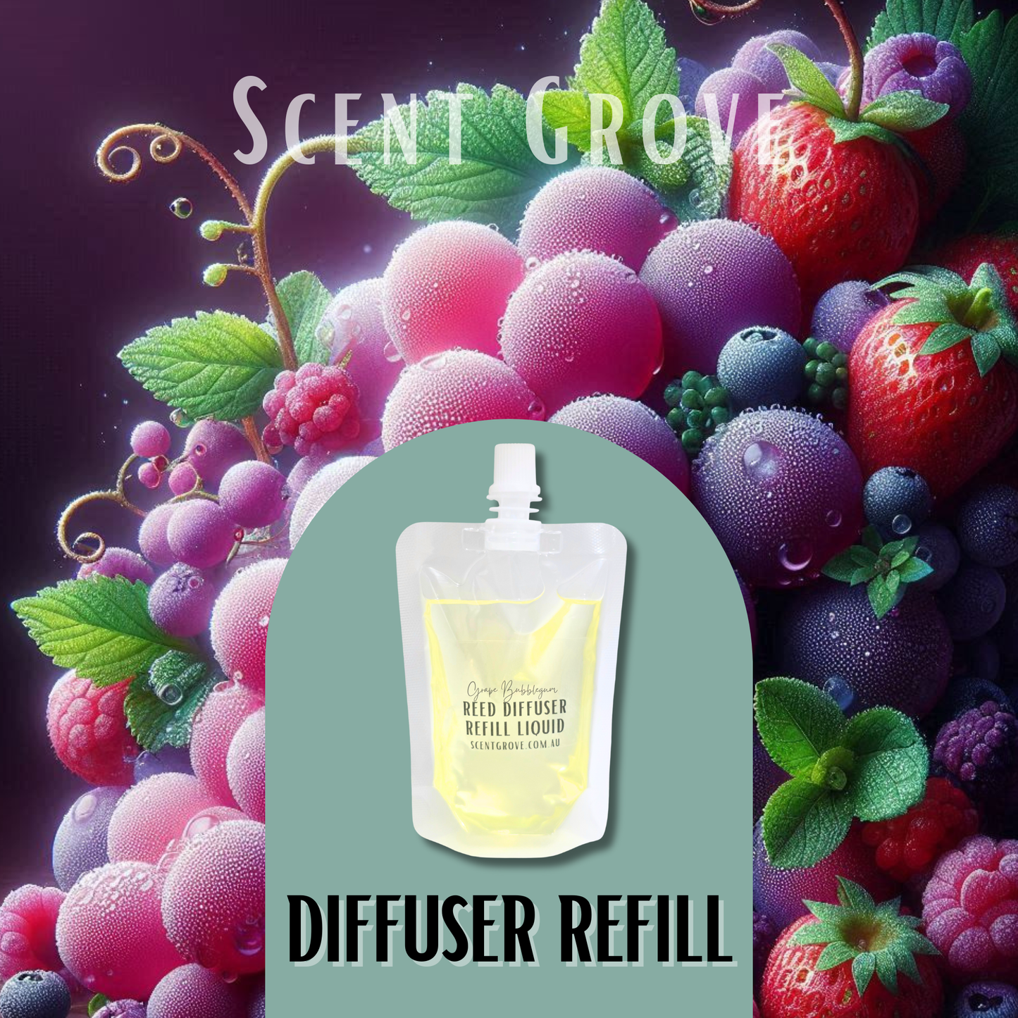 Grape Bubblegum Scented Diffuser Liquid Refill 100ml Clear Pouch