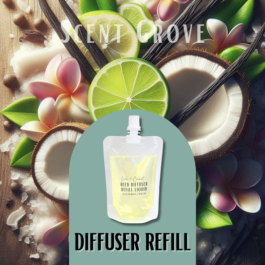 Lime & Coconut Scented Diffuser Liquid Refill 100ml Clear Pouch