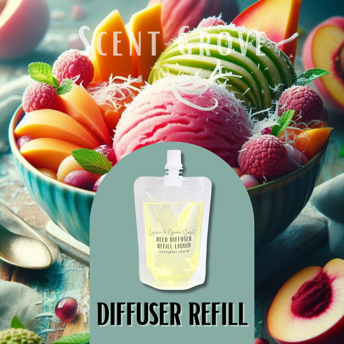 Lychee & Guava Sorbet Scented Diffuser Liquid Refill 100ml Clear Pouch