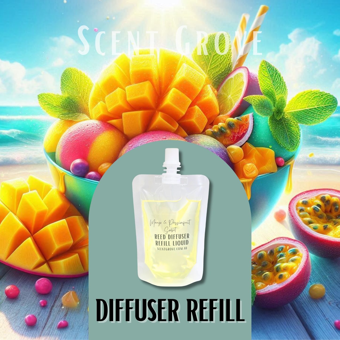 Mango & Passionfruit Sorbet Scented Diffuser Liquid Refill 100ml Clear Pouch