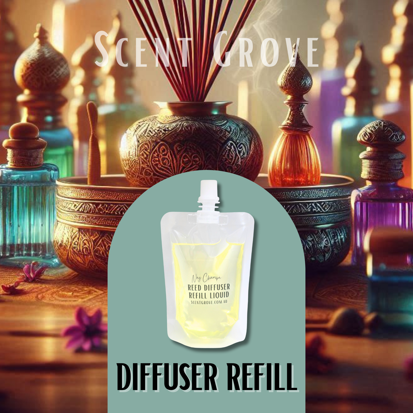 Nag Champa Scented Diffuser Liquid Refill 100ml Clear Pouch