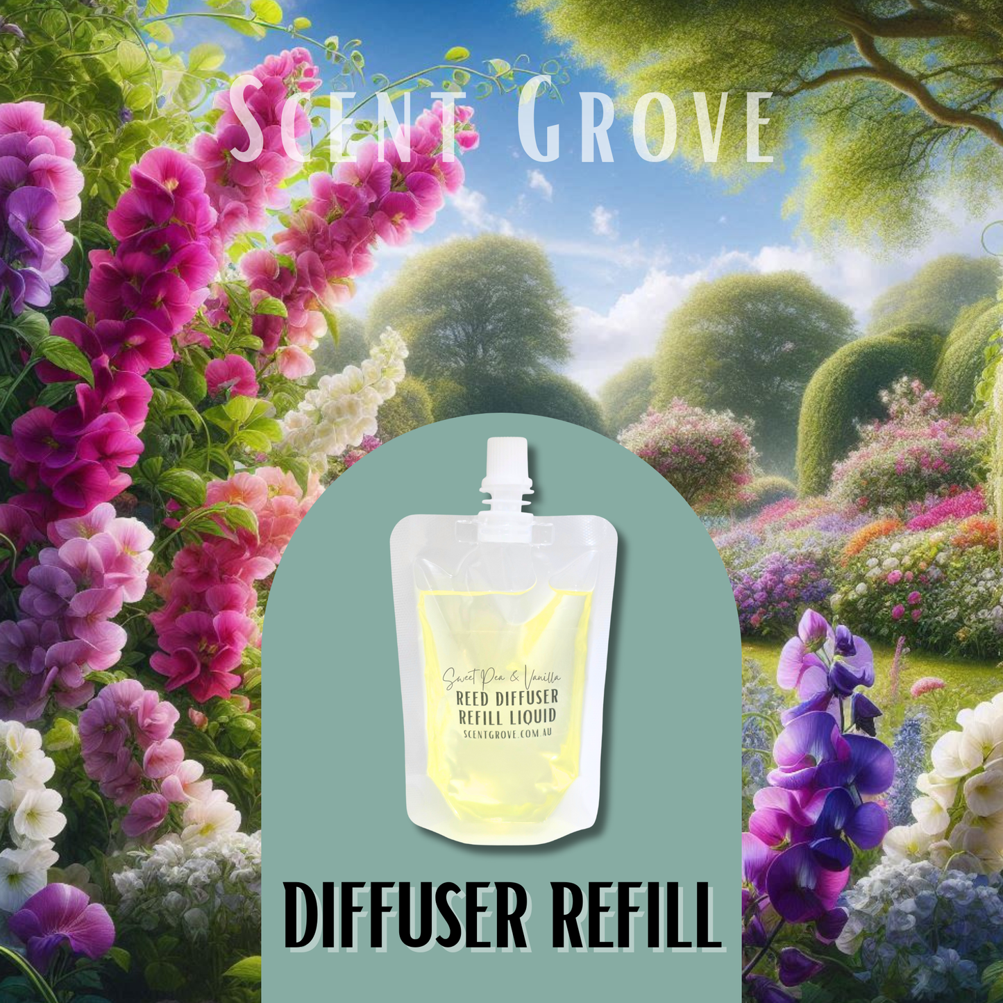 Sweet Pea & Vanilla Scented Diffuser Liquid Refill 100ml Clear Pouch