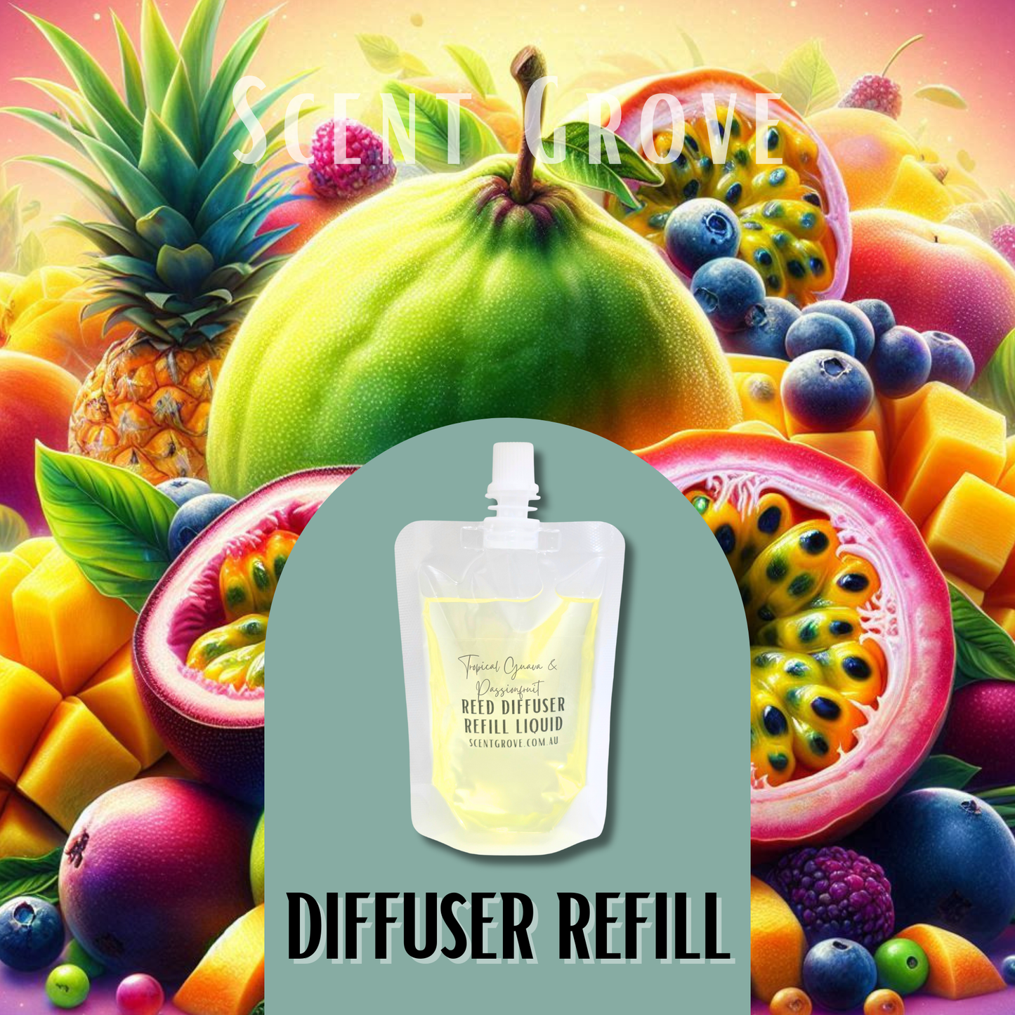 Tropical Guava & Passionfruit Scented Diffuser Liquid Refill 100ml Clear Pouch