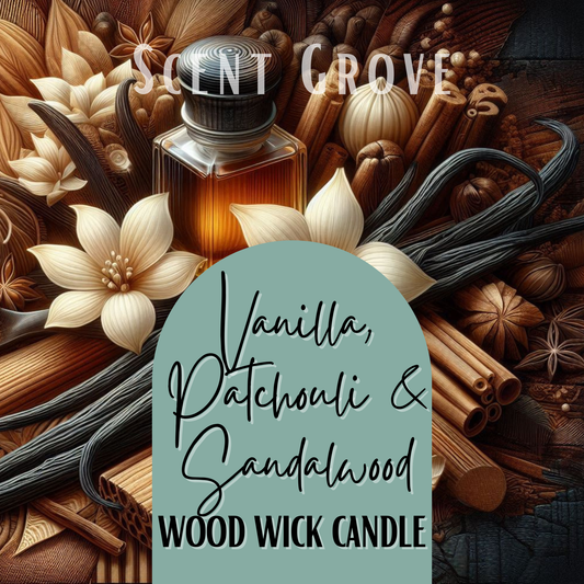 Vanilla, Patchouli & Sandalwood scented Wood Wick Soy Candle