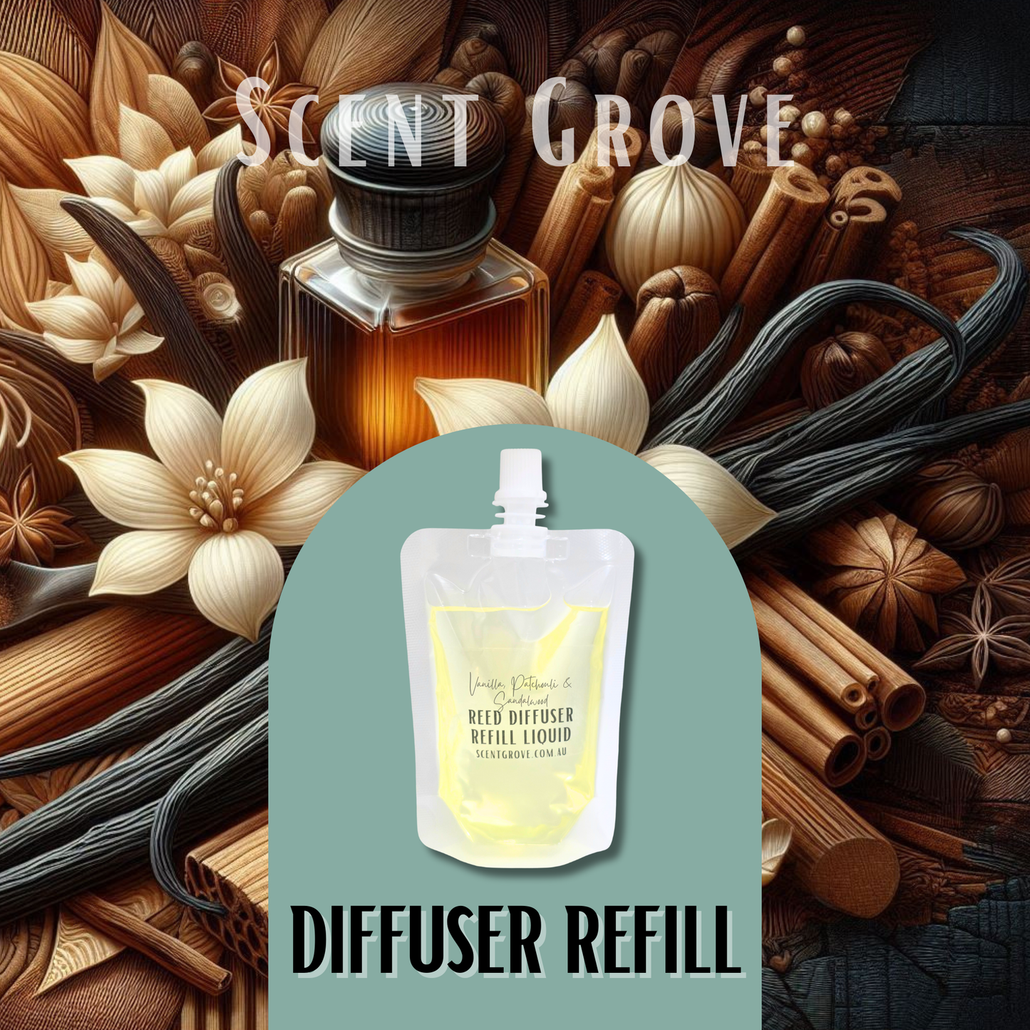 Vanilla, Patchouli & Sandalwood Scented Diffuser Liquid Refill 100ml Clear Pouch