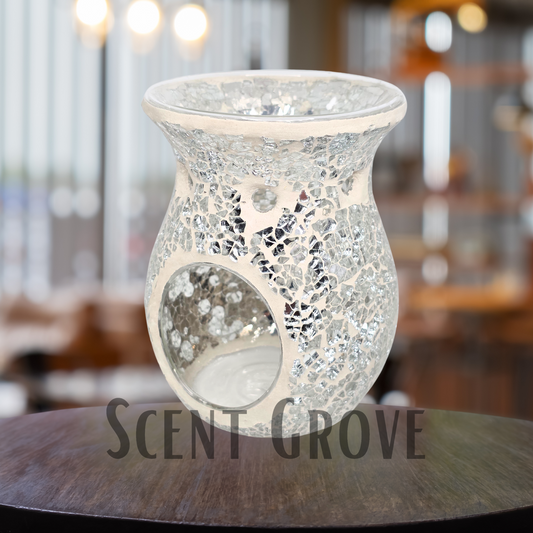 Mosaic Glass Tealight Wax Burner LARGE 14cm SILVER CLEAR