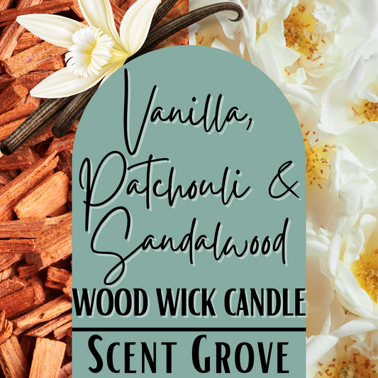 Vanilla, Patchouli & Sandalwood scented Wood Wick Soy Candle