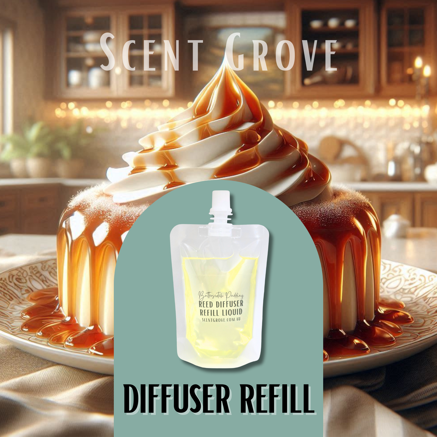 Butterscotch Pudding Scented Diffuser Liquid Refill 100ml Clear Pouch