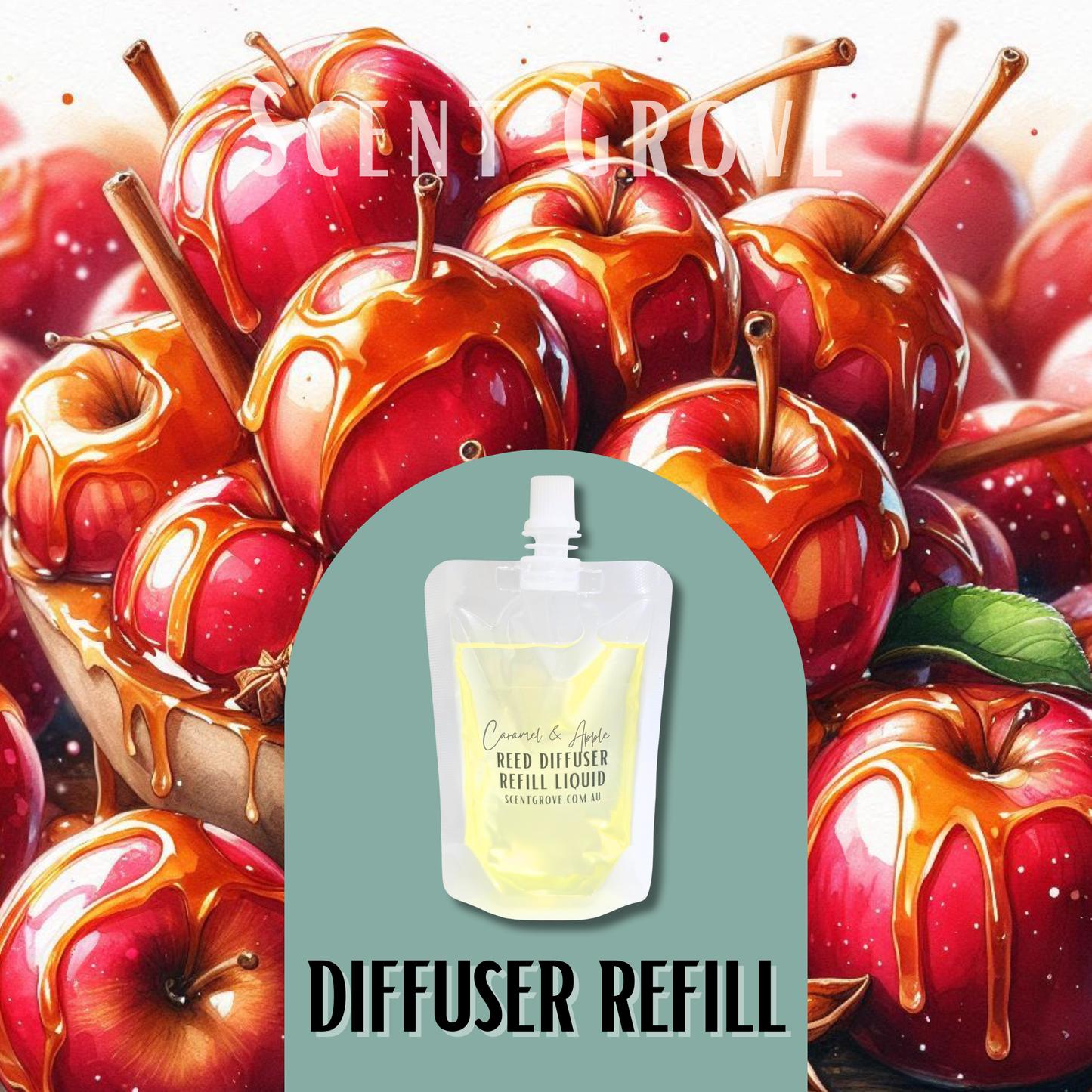Caramel & Apple Scented Diffuser Liquid Refill 100ml Clear Pouch