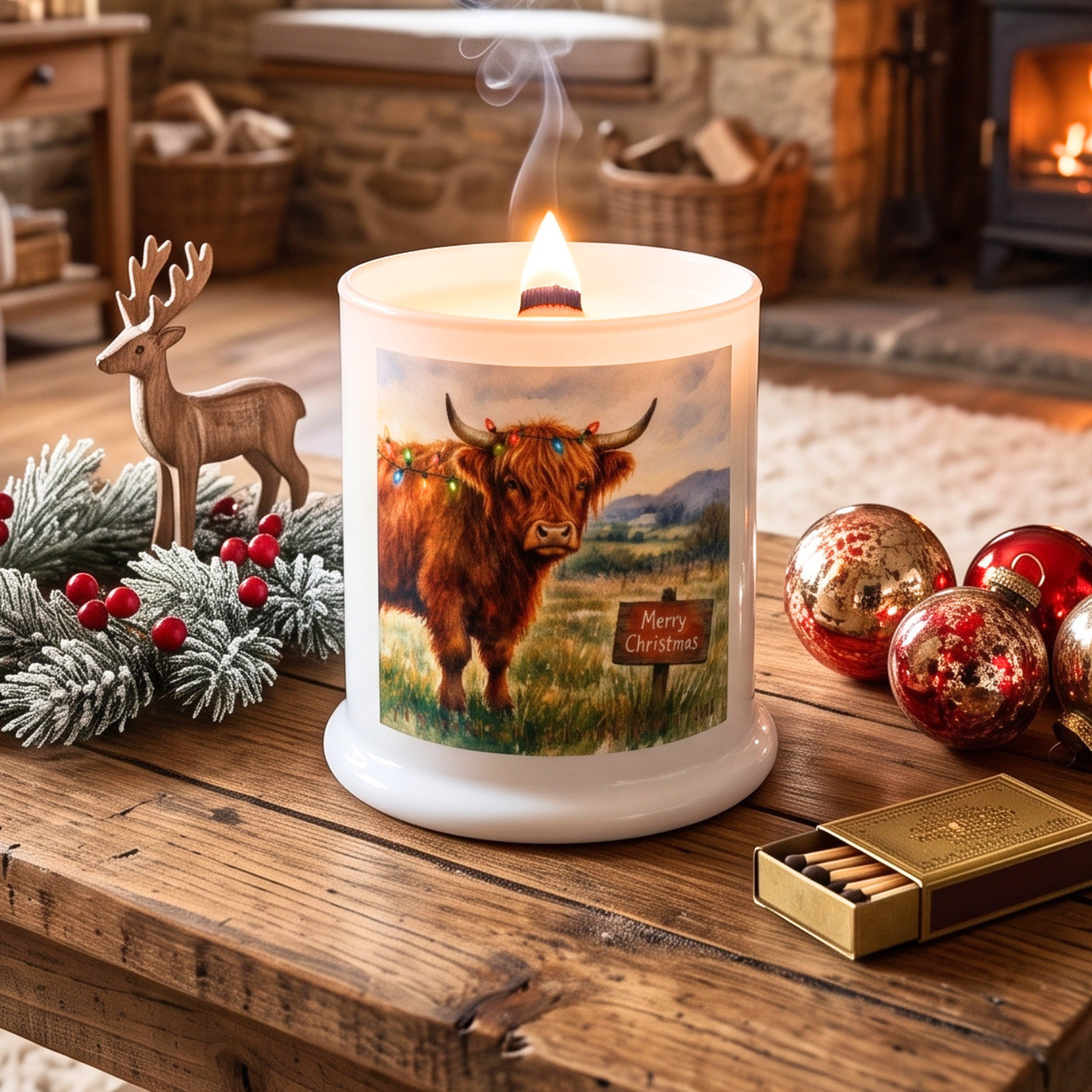 Christmas theme Wood Wick Soy Candle XL matte white jar