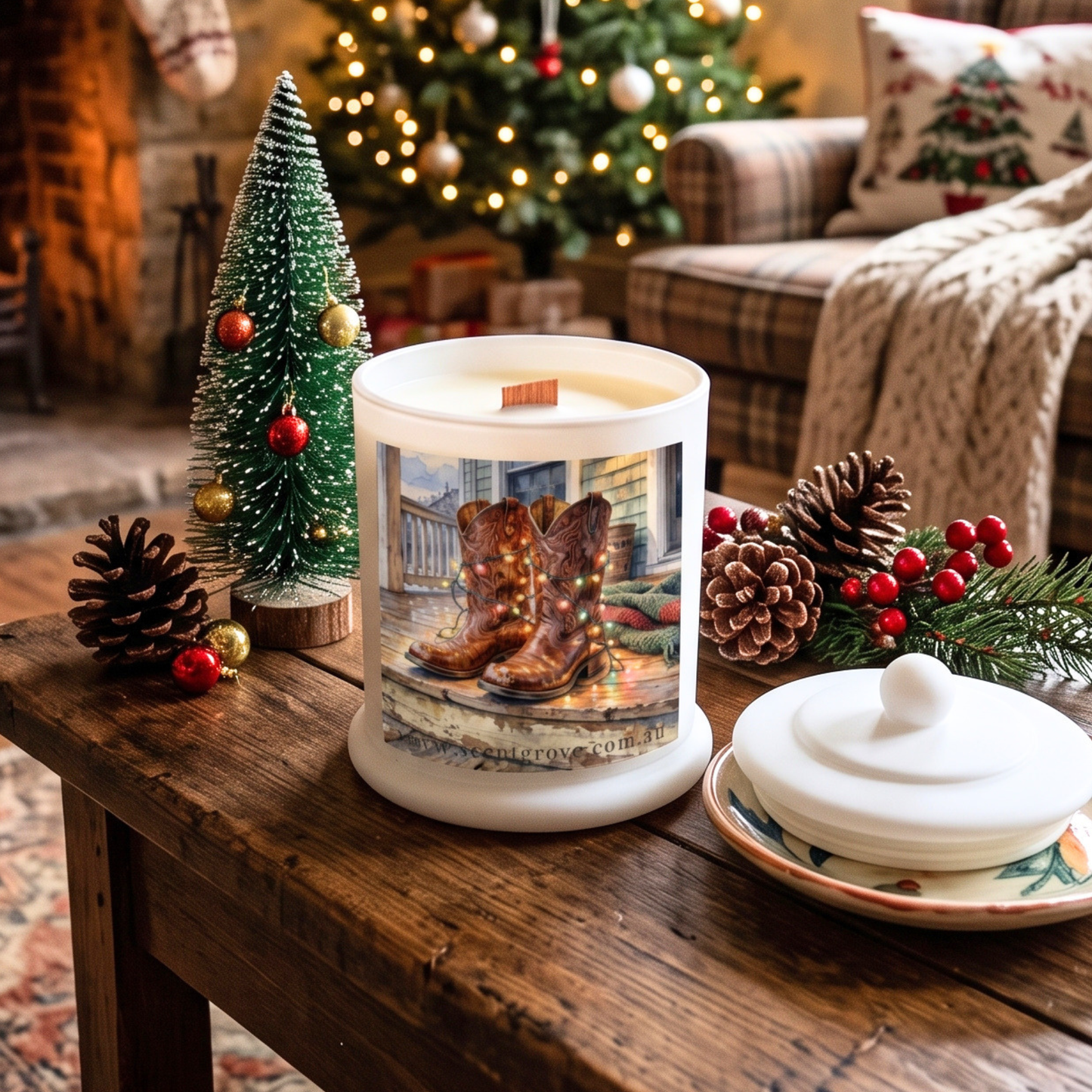 Christmas theme Wood Wick Soy Candle XL matte white jar