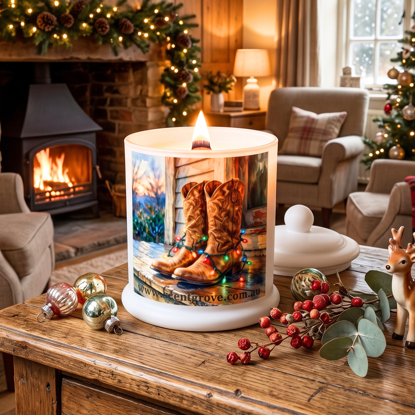 Christmas theme Wood Wick Soy Candle XL matte white jar