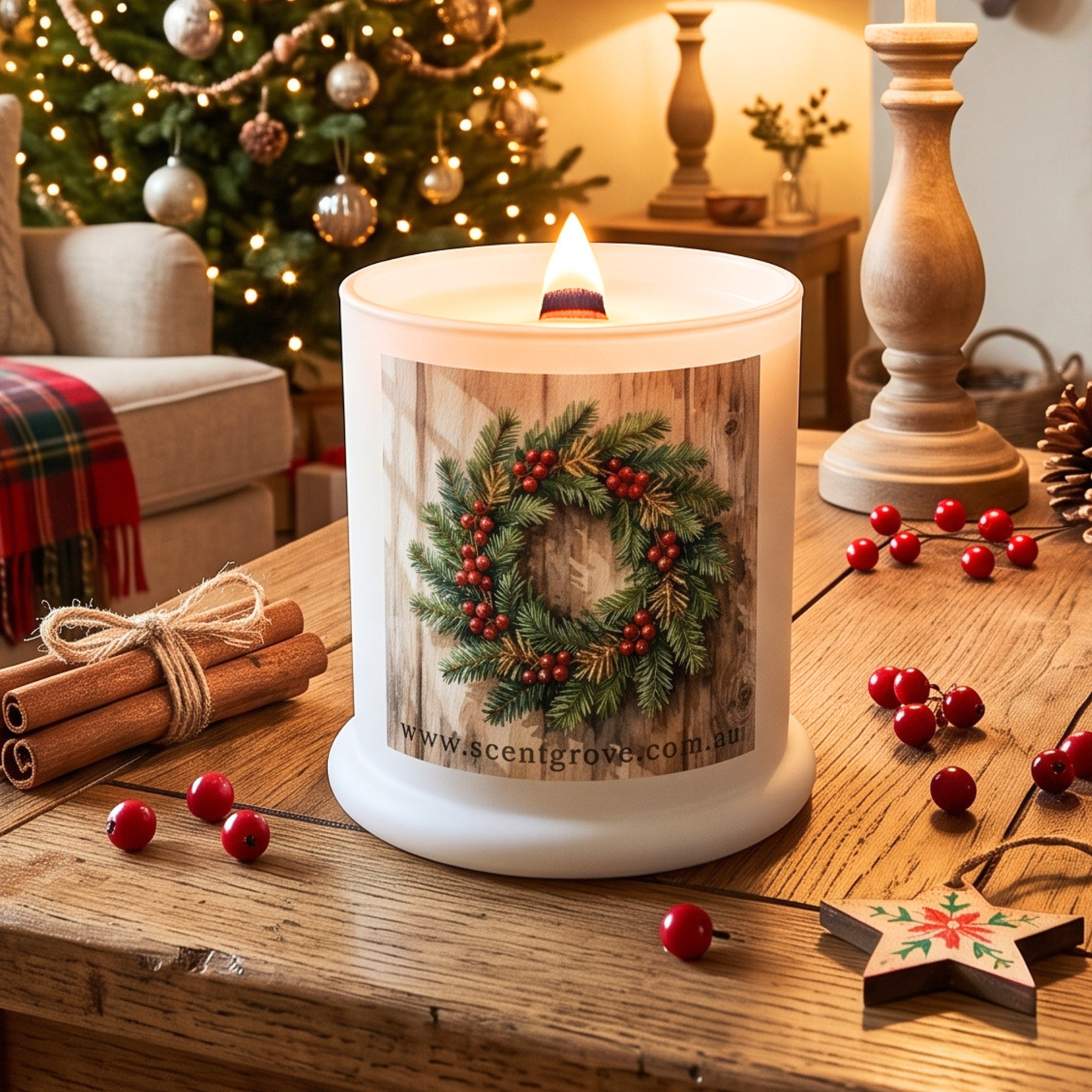 Christmas theme Wood Wick Soy Candle XL matte white jar