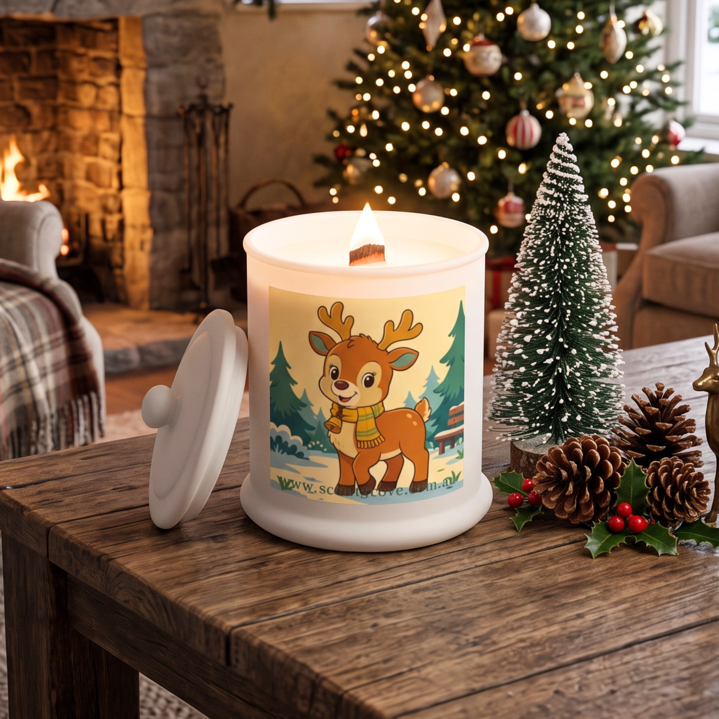 Christmas theme Wood Wick Soy Candle XL matte white jar