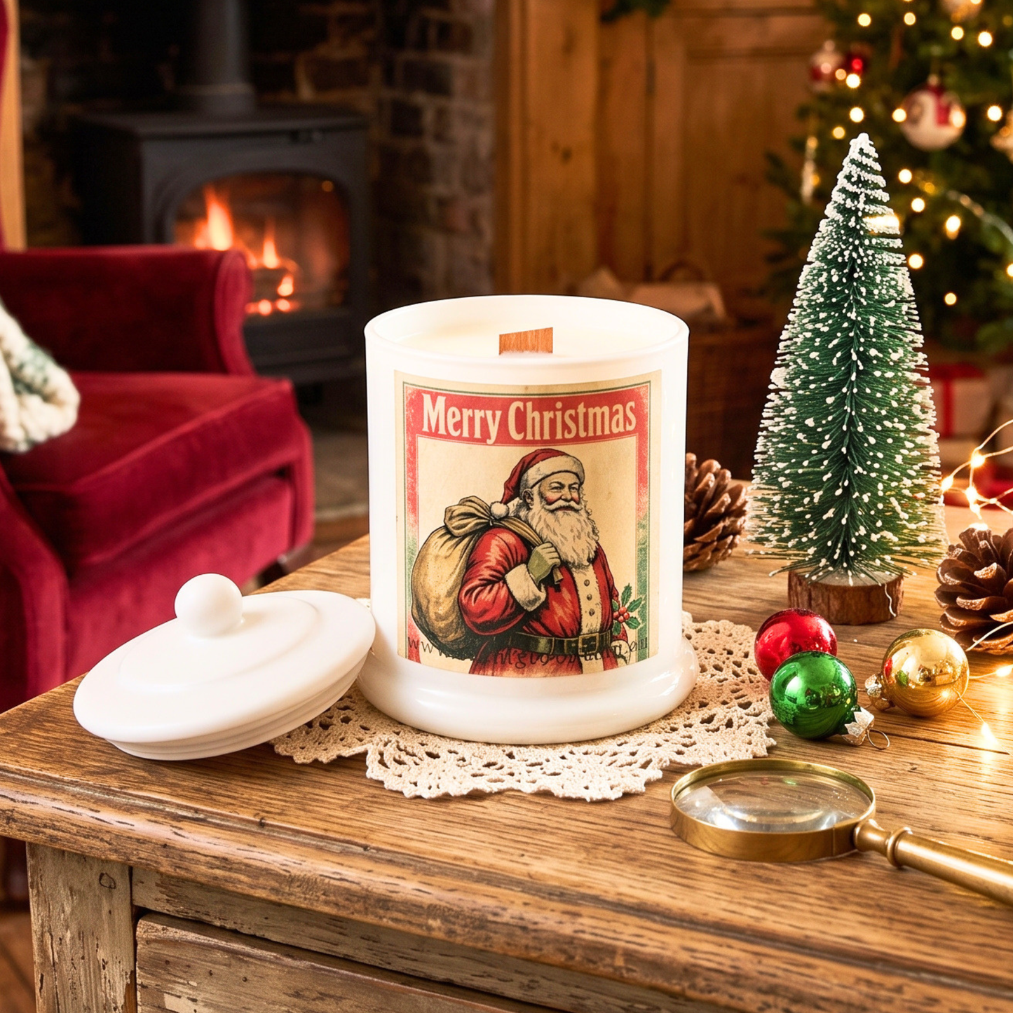 Christmas theme Wood Wick Soy Candle XL matte white jar