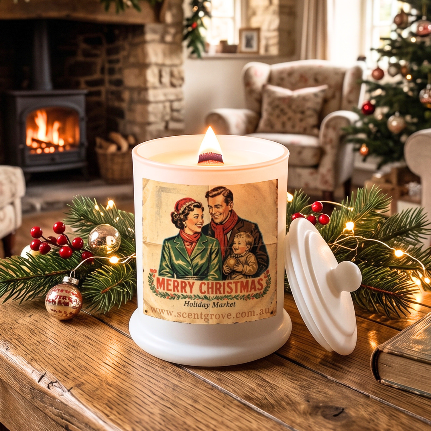 Christmas theme Wood Wick Soy Candle XL matte white jar