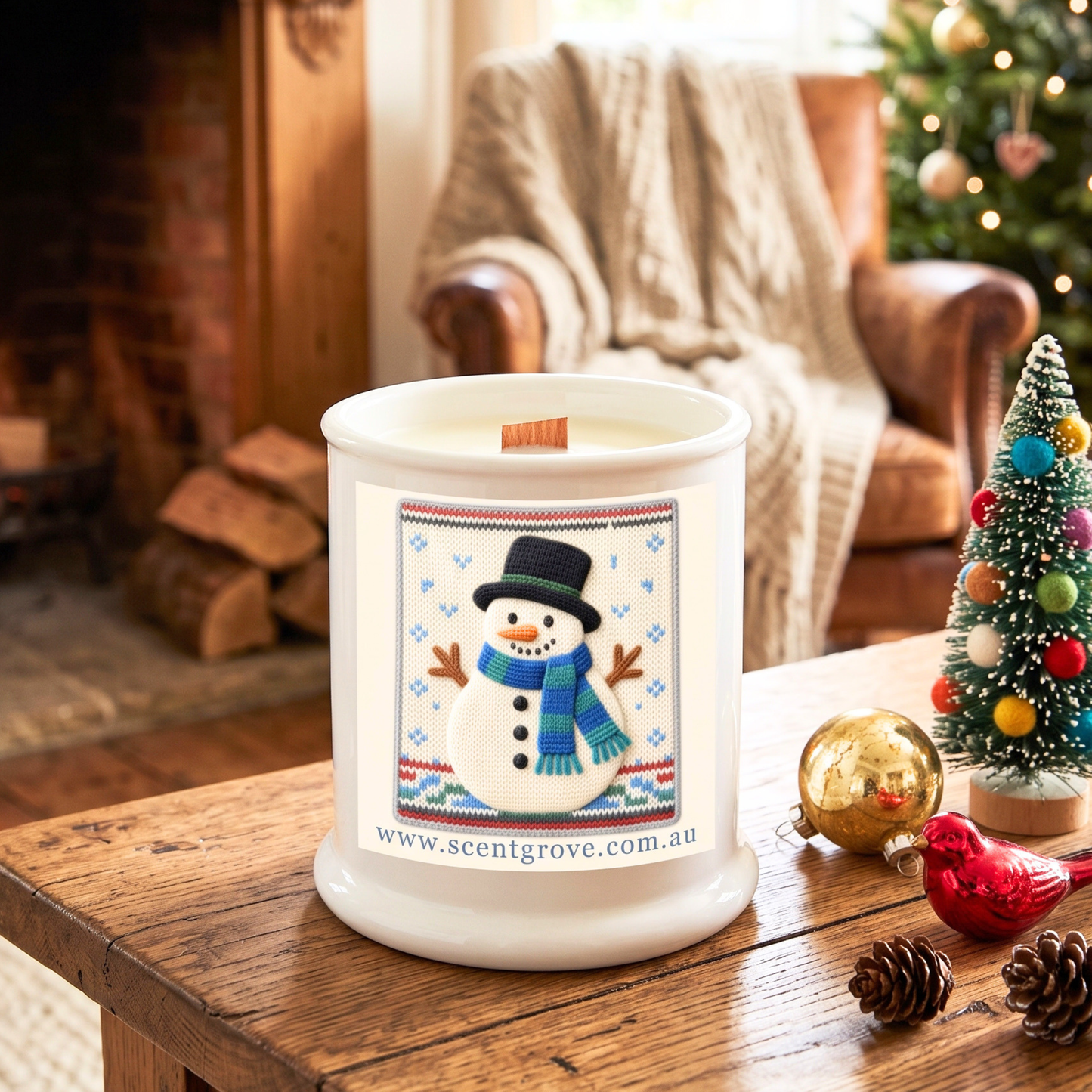 Christmas theme Wood Wick Soy Candle XL matte white jar