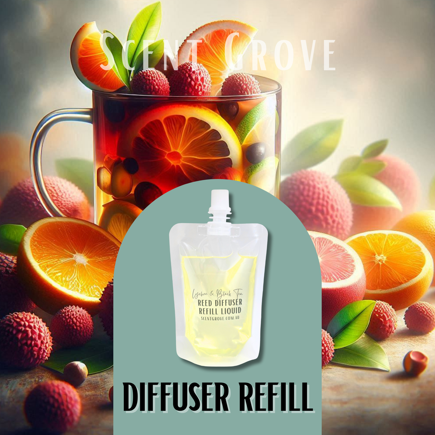 Lychee & Black Tea Scented Diffuser Liquid Refill 100ml Clear Pouch