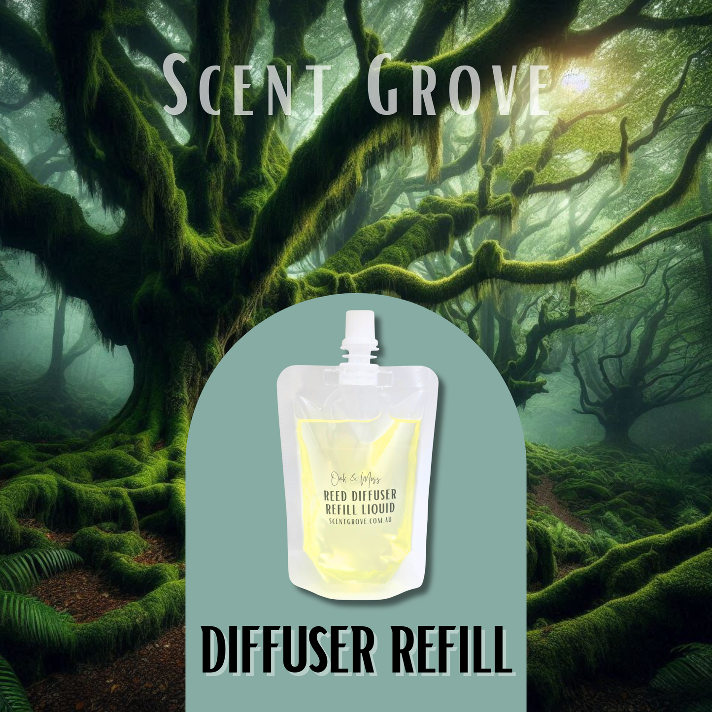 Oak & Moss Scented Diffuser Liquid Refill 100ml Clear Pouch