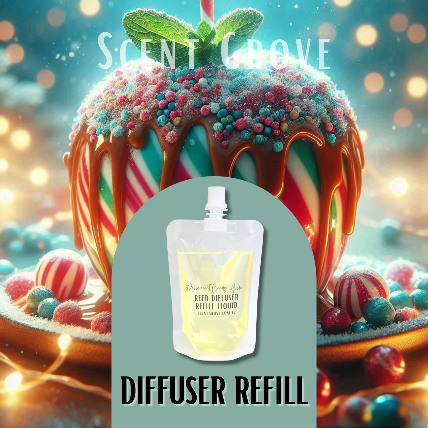 Peppermint Candy Apple Scented Diffuser Refill Liquid 100ml Clear Pouch