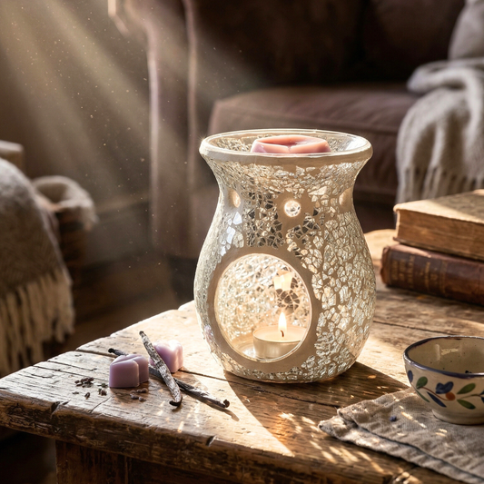 Mosaic Glass Tealight Wax Burner LARGE 14cm SILVER CLEAR