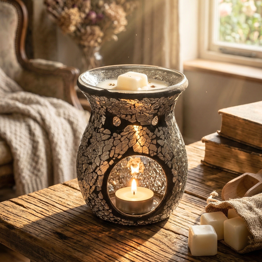 Mosaic Glass Tealight Burner LARGE 14cm BLACK MIRROR