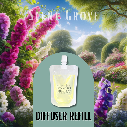 Sweet Pea & Vanilla Scented Diffuser Liquid Refill 100ml Clear Pouch