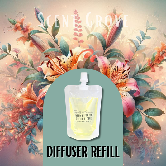 Tigerlily & Patchouli Scented Diffuser Liquid Refill 100ml Clear Pouch